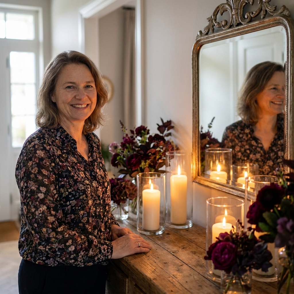 A foyer console table styled with multiple glass hurricane candleholders, dark florals, and a vintage mirror reflecting warm light