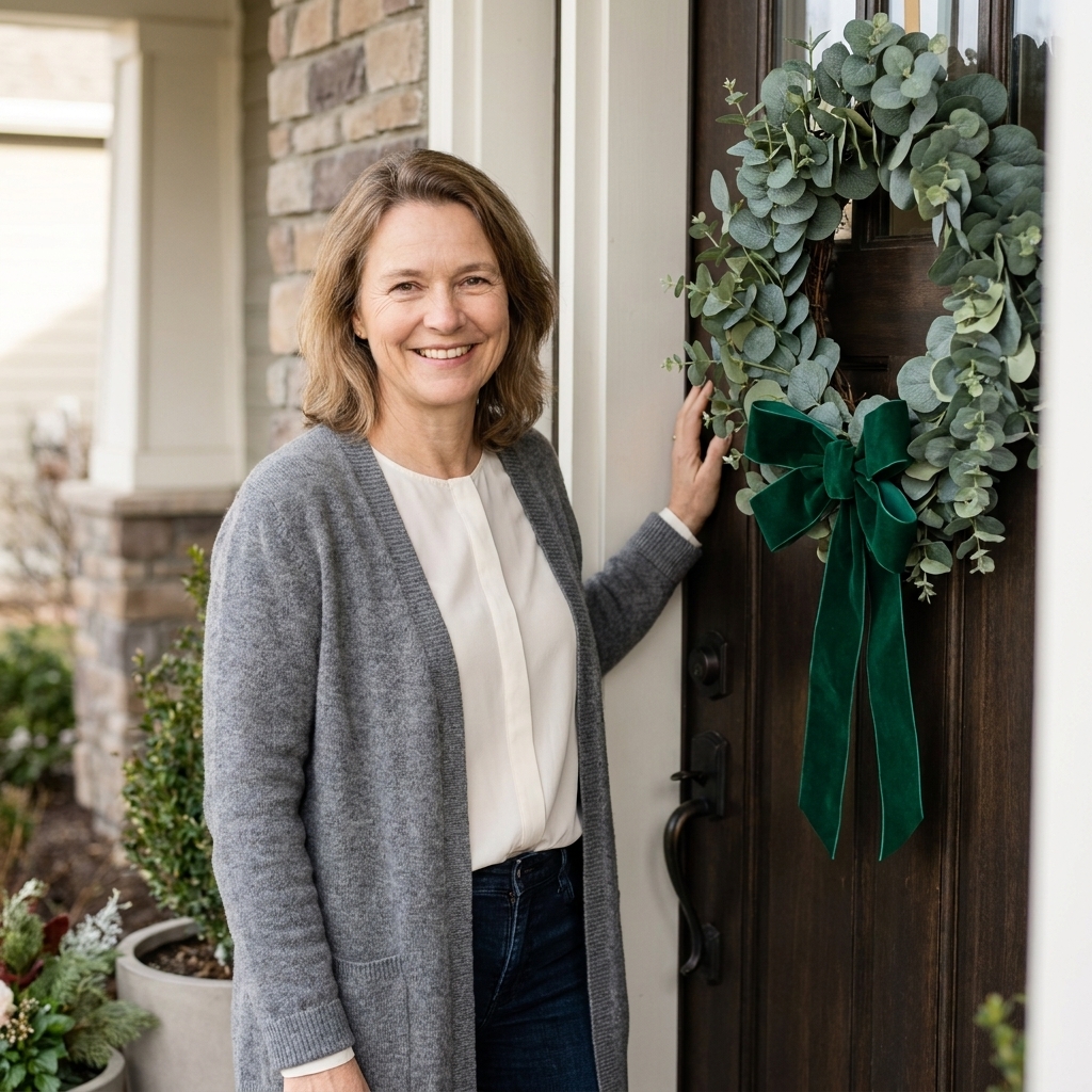 A front door decorated with a lush eucalyptus wreath and an emerald velvet ribbon bow, photographed in soft natural daylight