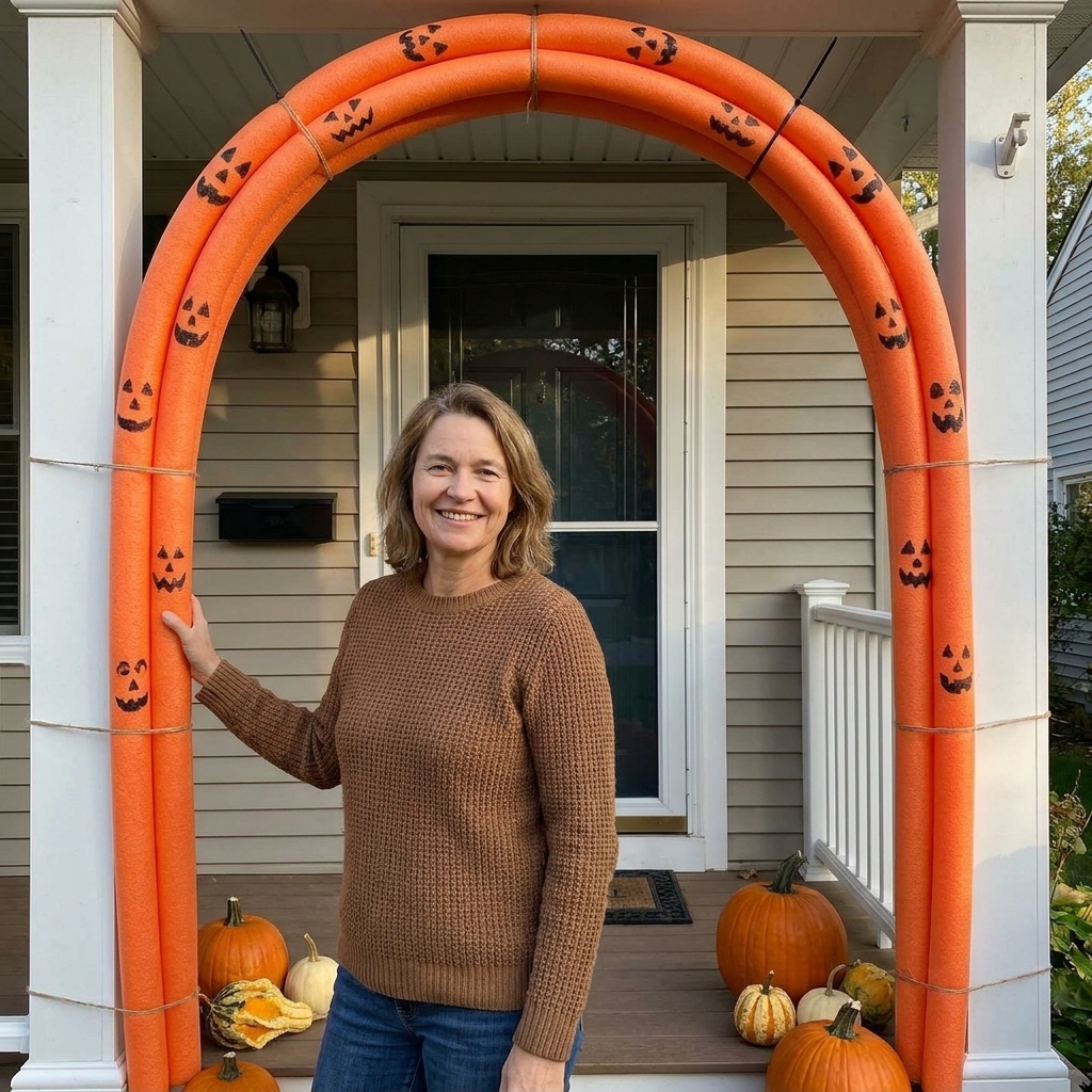 A front door framed by an orange pool noodle arch decorated like pumpkins with simple black faces, secured around the doorway