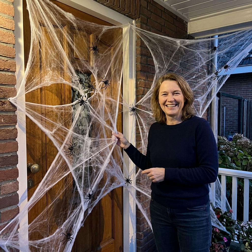A front door framed with thick faux spiderwebs and several plastic spiders clinging to the webbing