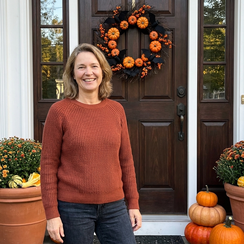 A front door with a full Halloween wreath, flanked by two planters and a few stacked pumpkins creating height and balance