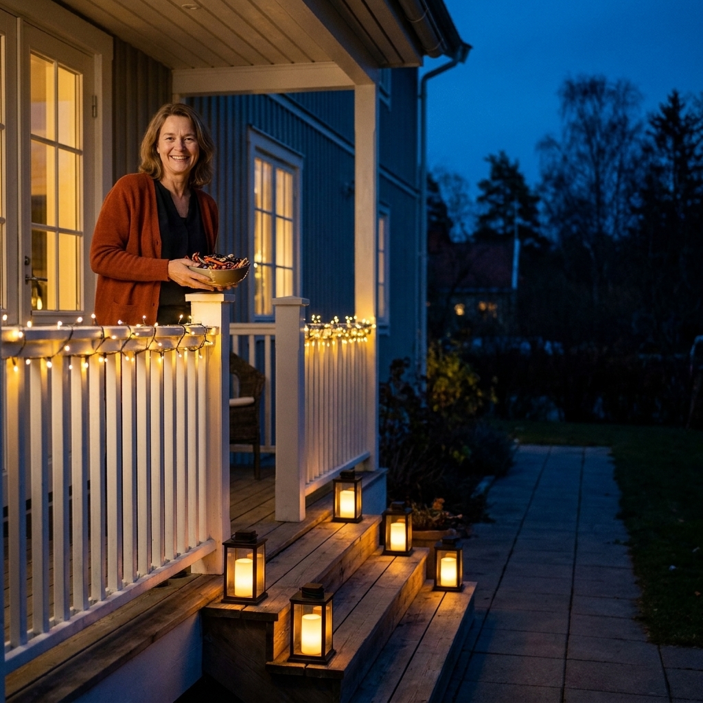 A front porch at dusk with warm string lights on the railing, battery lanterns on each step, and a clear uncluttered walkway for trick-or-treaters