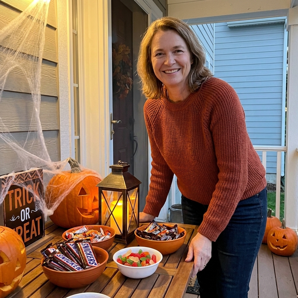 A front porch candy station with a sturdy table near the door, a lantern for visibility, and Halloween decor arranged neatly around it