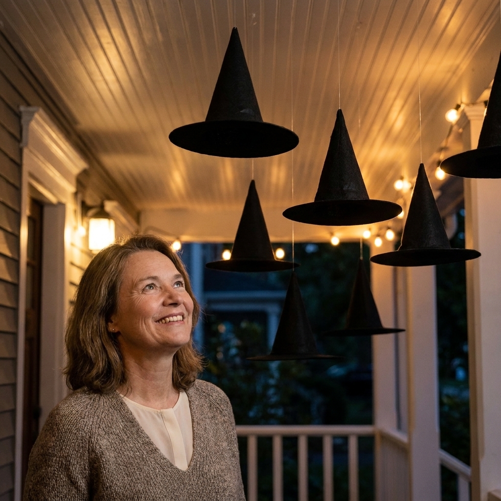 A front porch ceiling with several black witch hats hanging at different heights on clear fishing line, softly lit in the evening