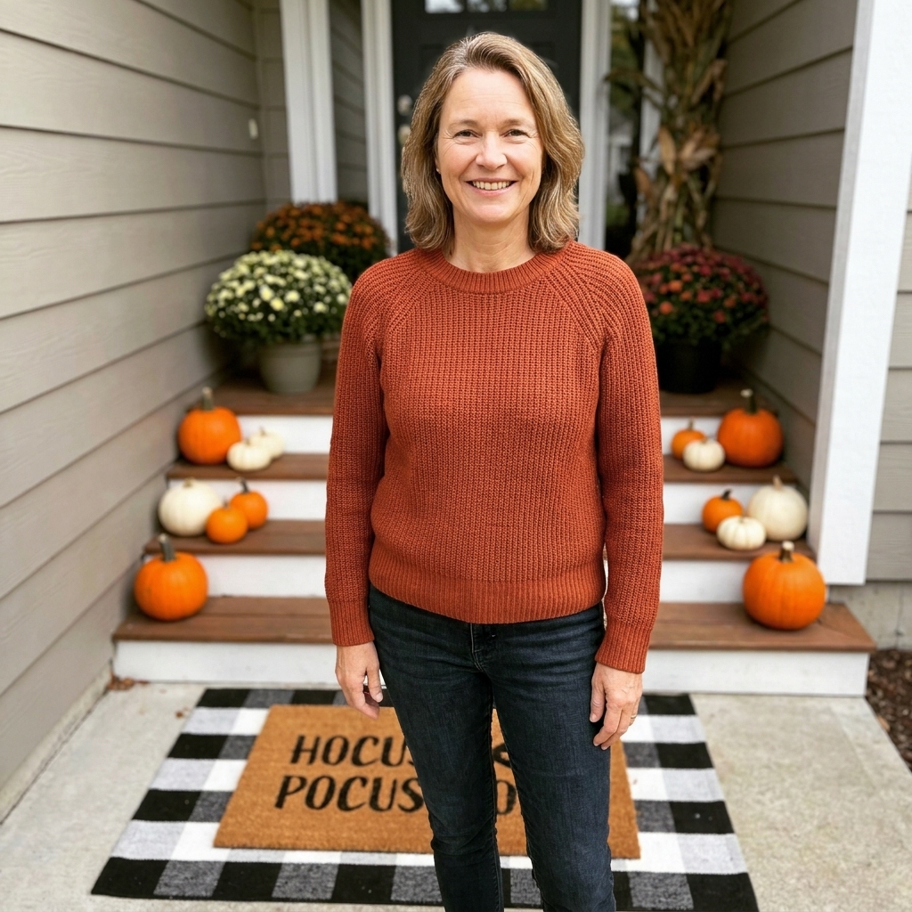 A front porch entry with a layered outdoor rug and a Halloween doormat, with a few mini pumpkins placed along one side near the step