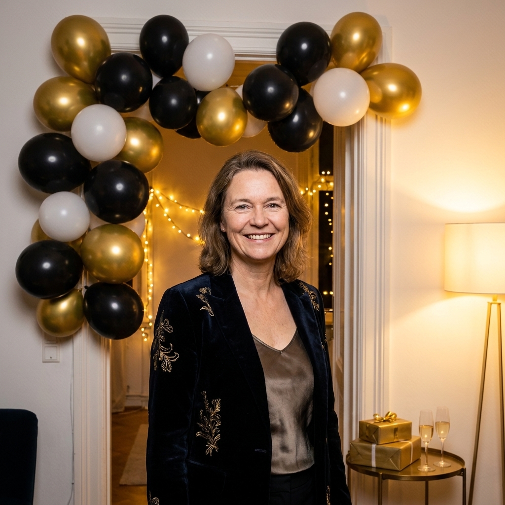 A gold, black, and white balloon garland installed above a doorway with warm ambient lighting and minimal party clutter