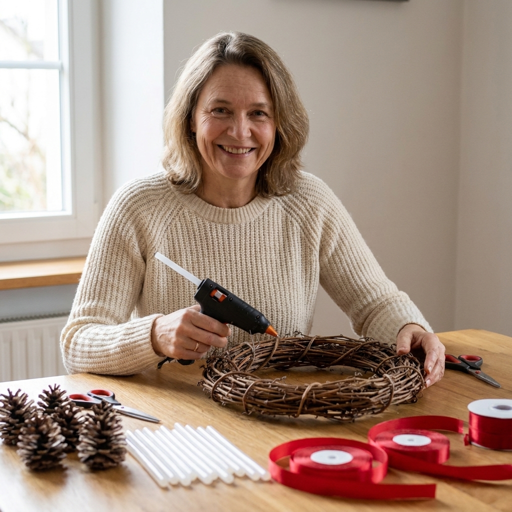 A grapevine wreath on a table beside a hot glue gun, glue sticks, pinecones, and ribbon ready for crafting