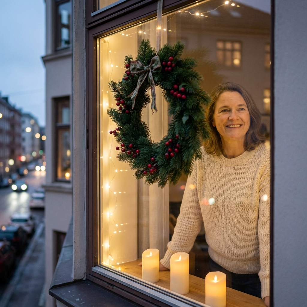 A green holiday wreath hanging in an apartment window with soft white string lights framing the window and a few battery candles on the sill