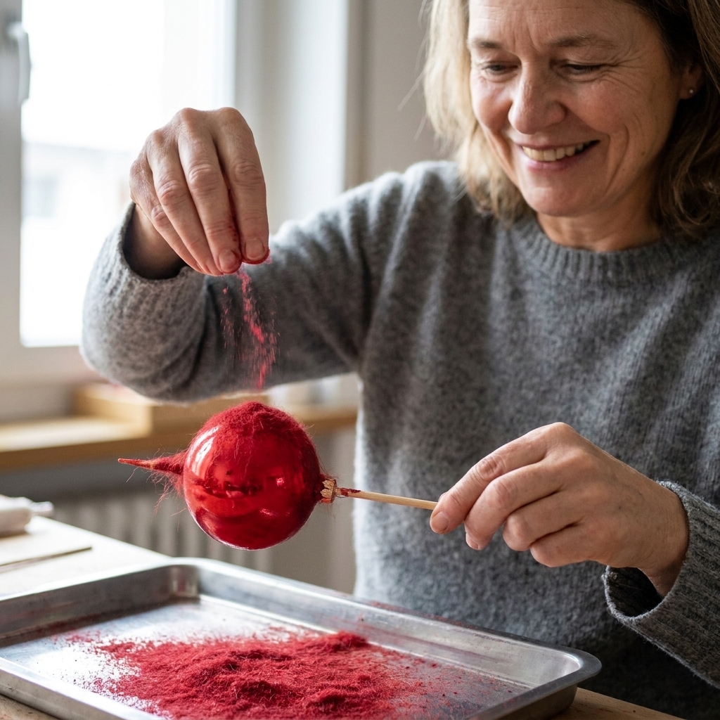 A hand sprinkling matching flocking powder over a wet-painted Christmas ornament held on a skewer above a tray, with loose fibers collecting below