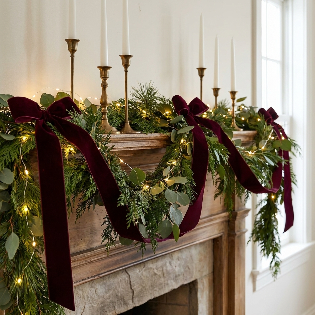 A holiday mantel with a greenery garland woven with wide velvet ribbon, soft twinkle lights, and simple brass candlesticks