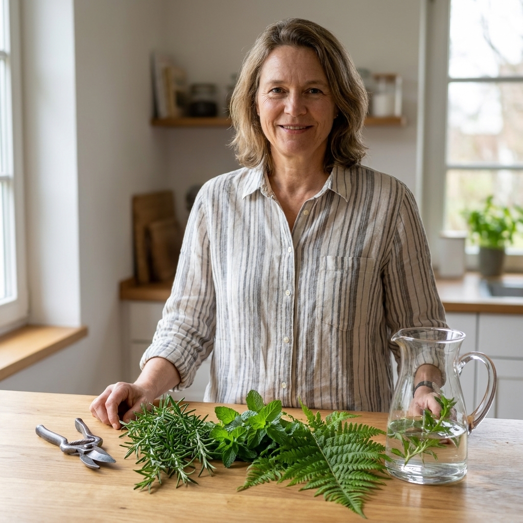 A kitchen counter with freshly clipped rosemary, mint, and fern fronds laid beside a pair of garden snips and a simple glass pitcher