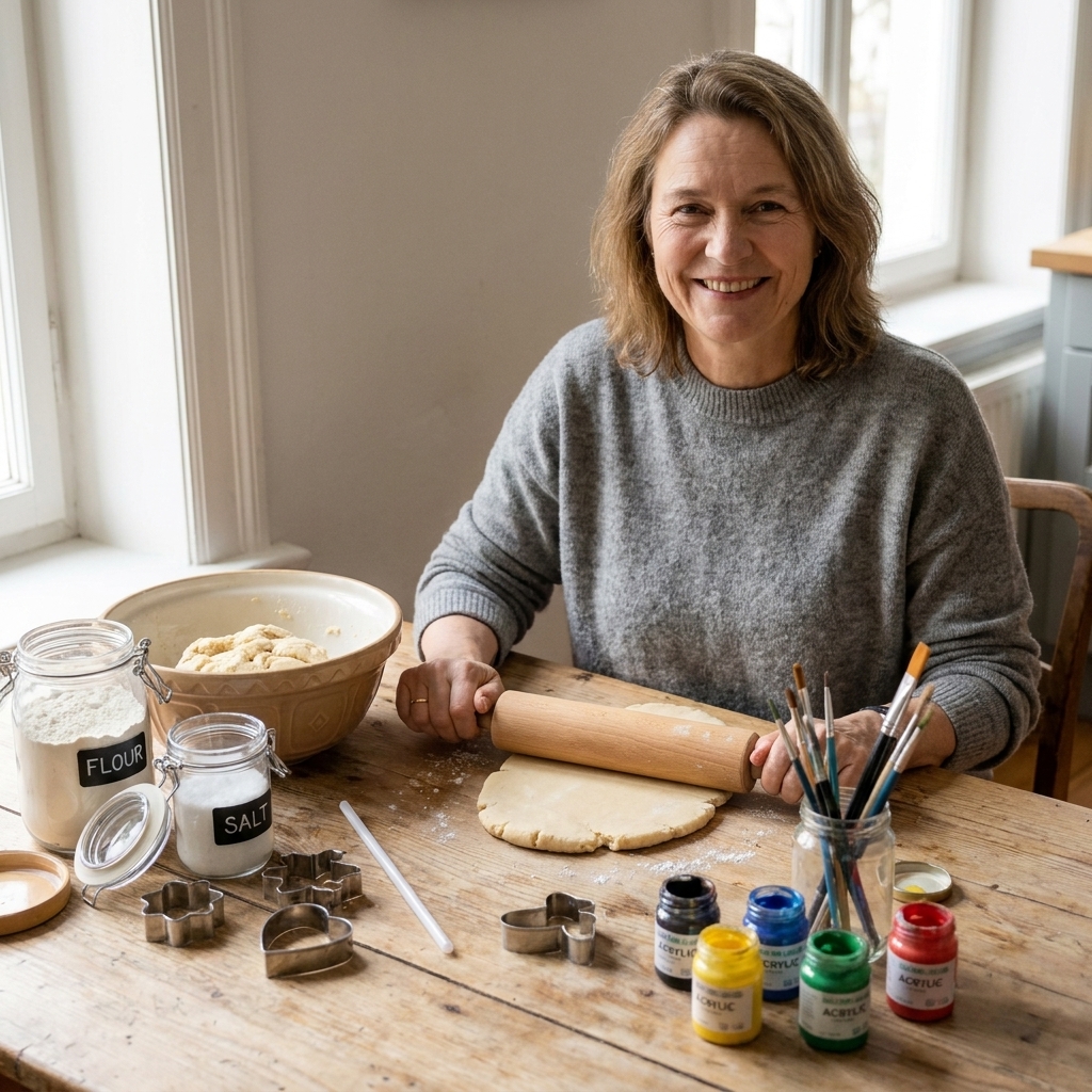 A kitchen table set up for crafting with a mixing bowl of dough, flour and salt containers, cookie cutters, a rolling pin, a straw, paintbrushes, and small jars of acrylic paint