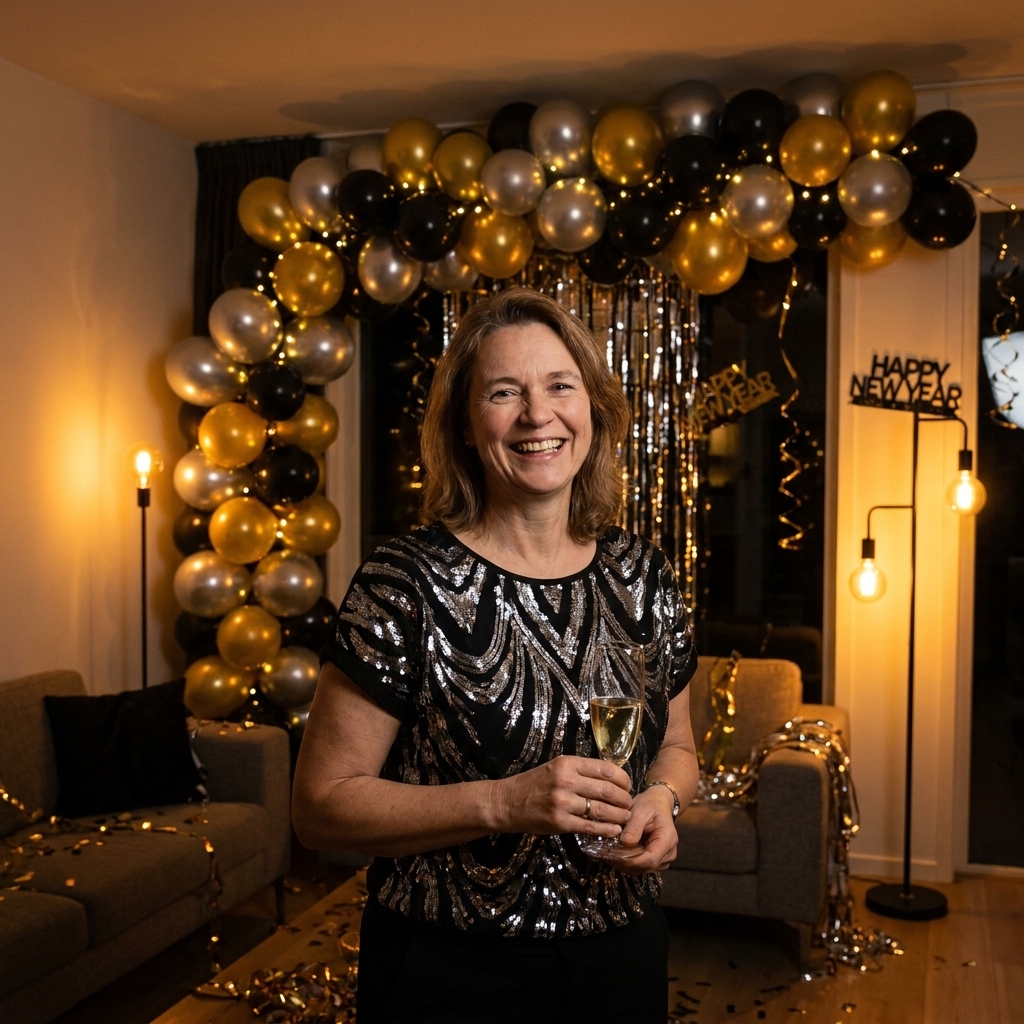 A living room at night lit primarily by warm fairy lights and dim lamps, creating a dramatic New Year’s Eve party atmosphere