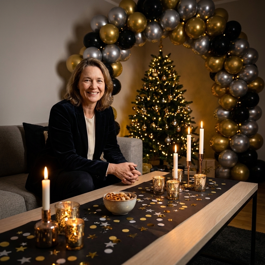 A living room coffee table styled with a black paper runner scattered with gold and silver confetti, candles, and a small bowl of snacks