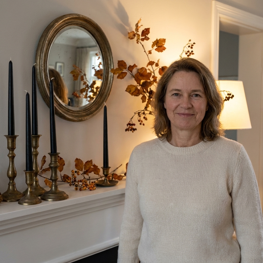 A living room fireplace mantel decorated with black taper candles in brass holders, a vintage mirror, and subtle autumn branches lit by warm lamp light
