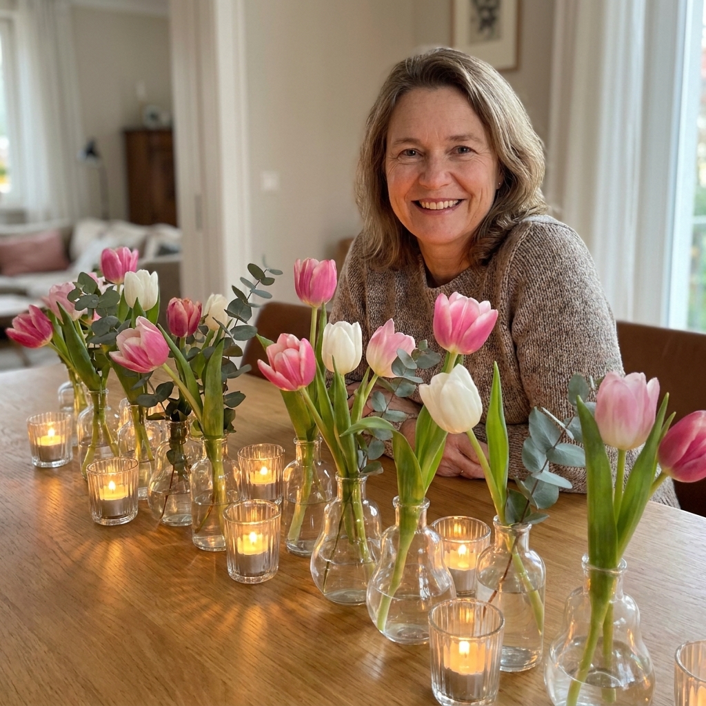 A long dining table centerpiece made from small glass bud vases filled with tulips and eucalyptus, with votive candles spaced between