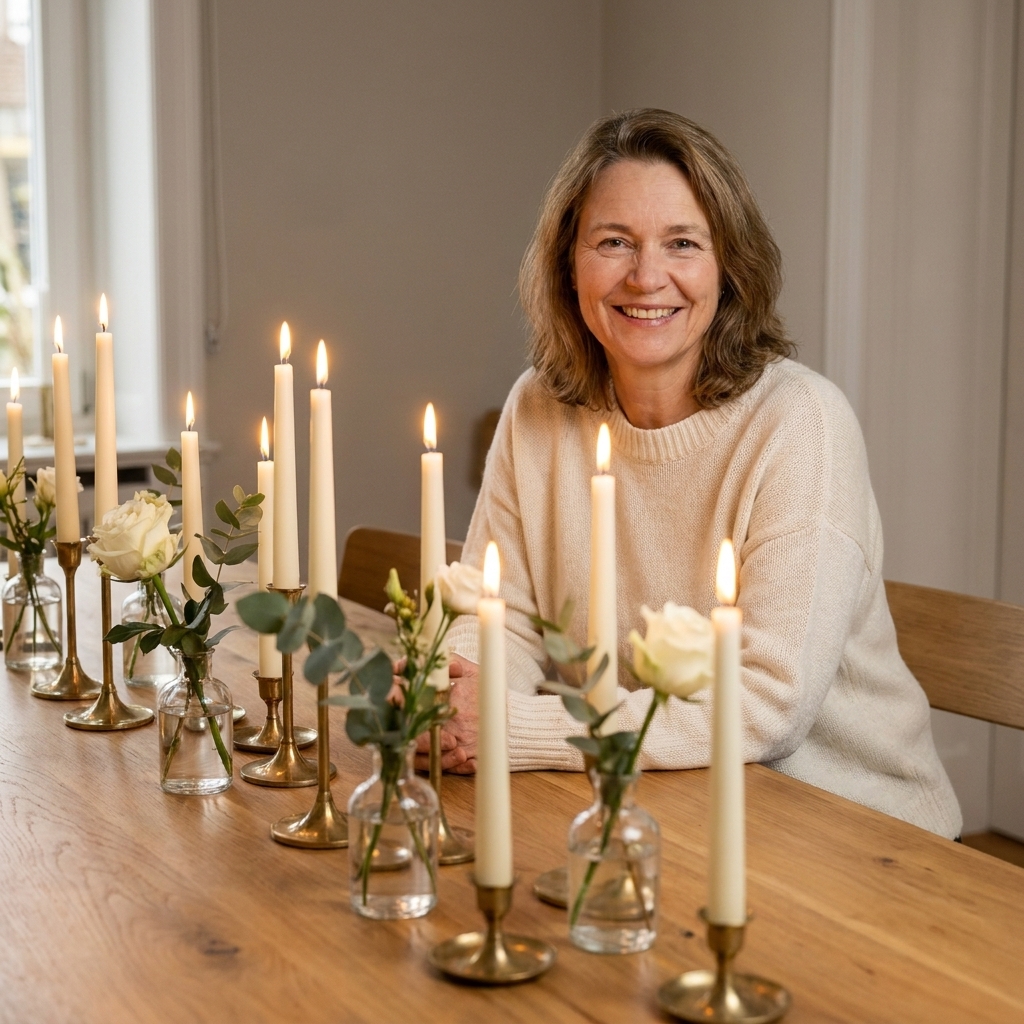 A long dining table with unscented taper candles and small bud vases arranged in a low, elegant centerpiece