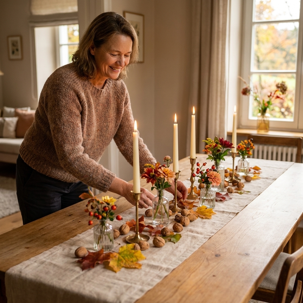A long, narrow Thanksgiving table centerpiece with a linen runner, taper candles, small bud vases, and scattered walnuts and leaves down the center