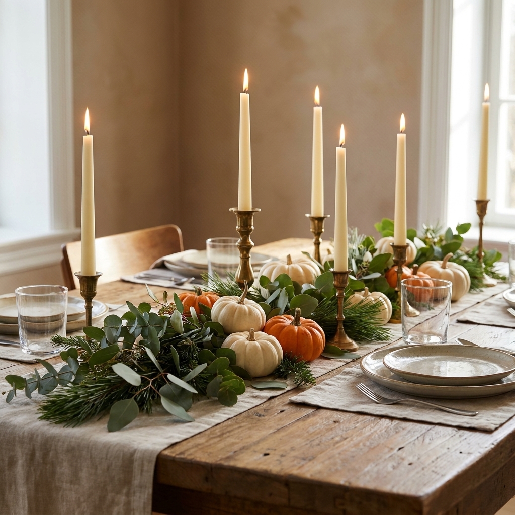 A low Thanksgiving centerpiece with greenery, small white and orange pumpkins, and taper candles in brass holders running down the center of a dining table