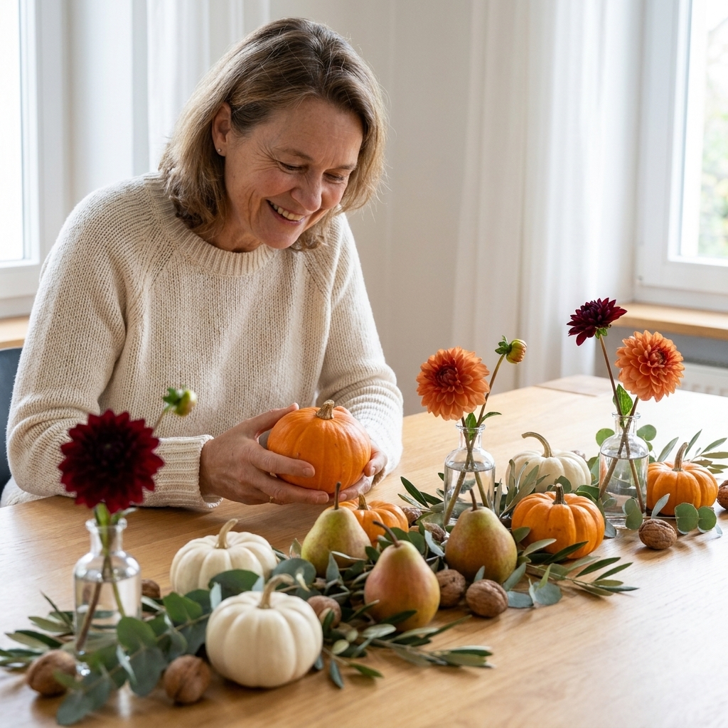 A low autumn centerpiece running down a dining table with mini pumpkins, pears, scattered walnuts, and leafy greenery tucked between small glass bud vases