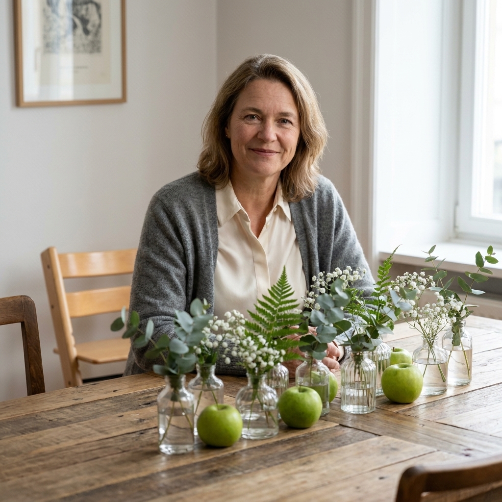 A low dining table centerpiece made from small bud vases filled with eucalyptus and delicate greenery, arranged down the center with a few green apples