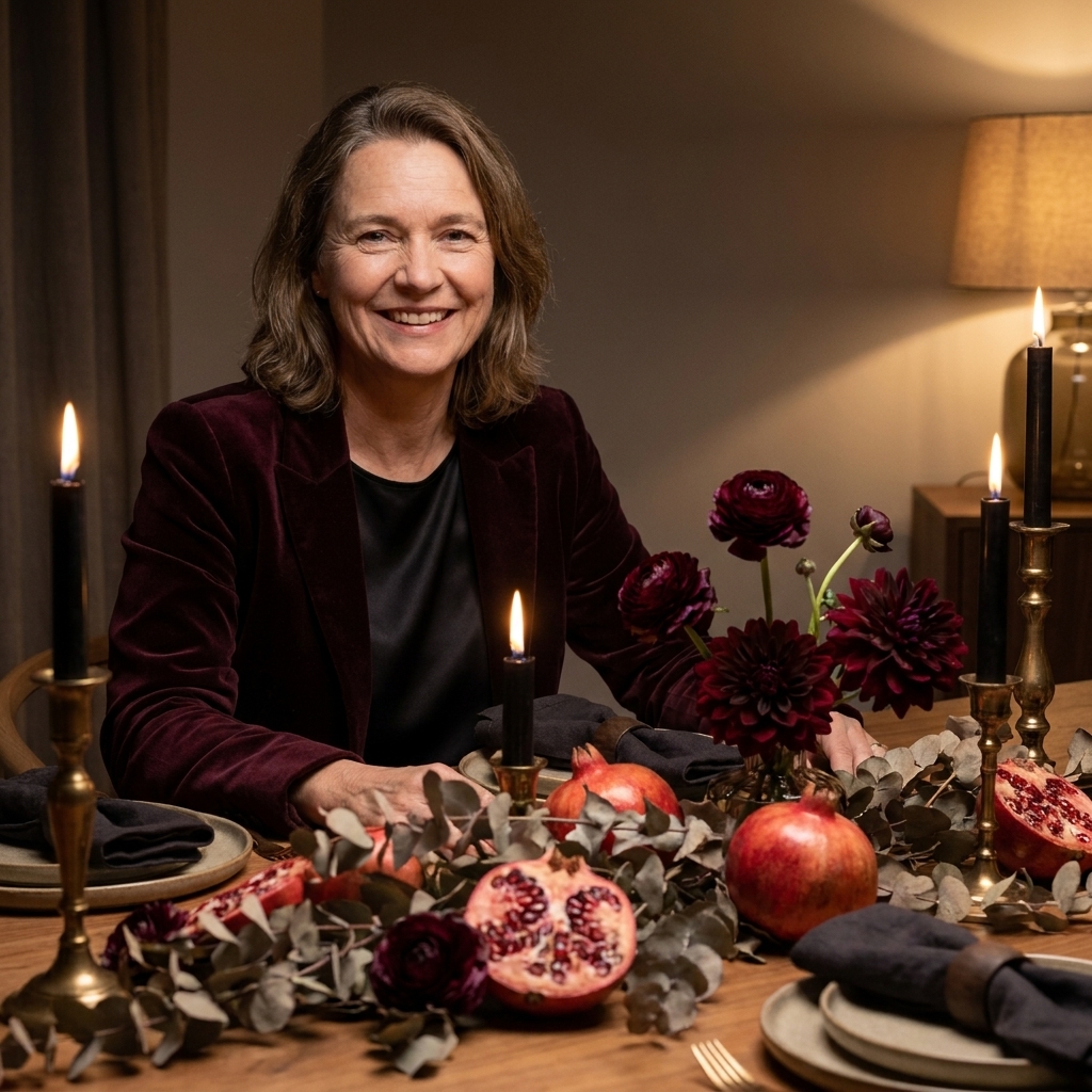 A low dining table centerpiece made with pomegranates, eucalyptus, and dark burgundy flowers arranged among brass candlesticks