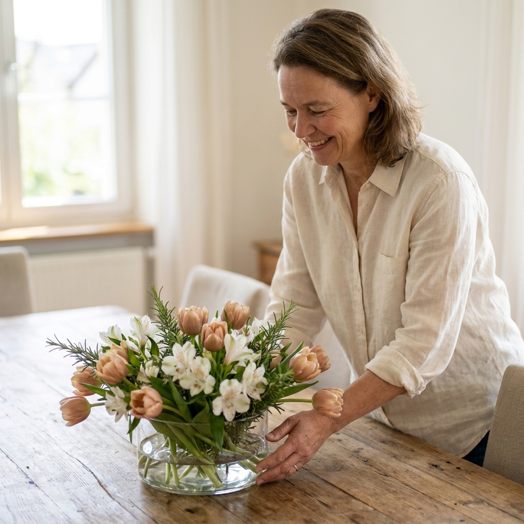 A low glass bowl centerpiece filled with blush tulips, white alstroemeria, and sprigs of rosemary on a wooden dining table