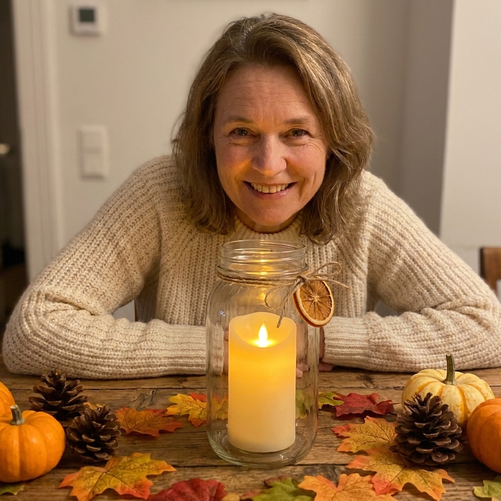 A mason jar used as a lantern centerpiece with a glowing LED pillar candle inside and twine tied around the rim on a fall table