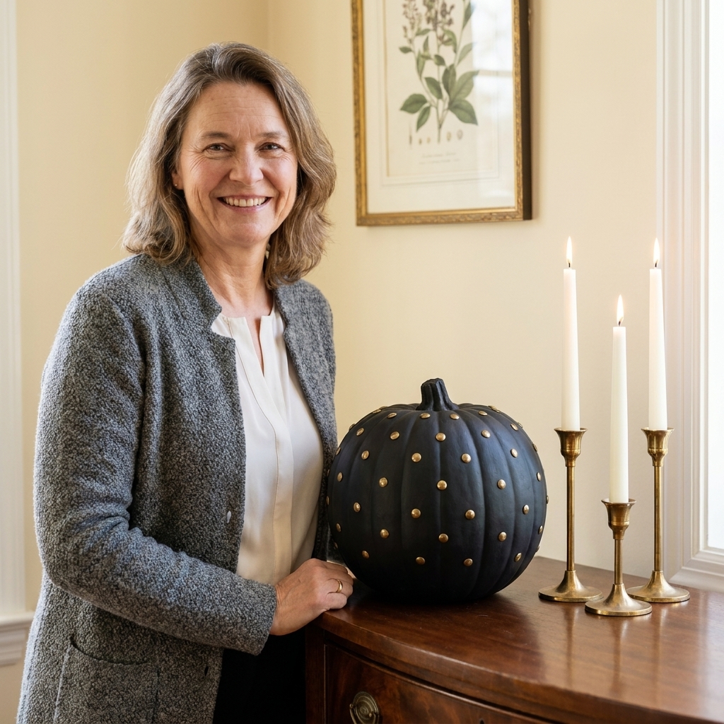 A matte black pumpkin decorated with evenly spaced brass thumbtacks, styled on a console table with candles