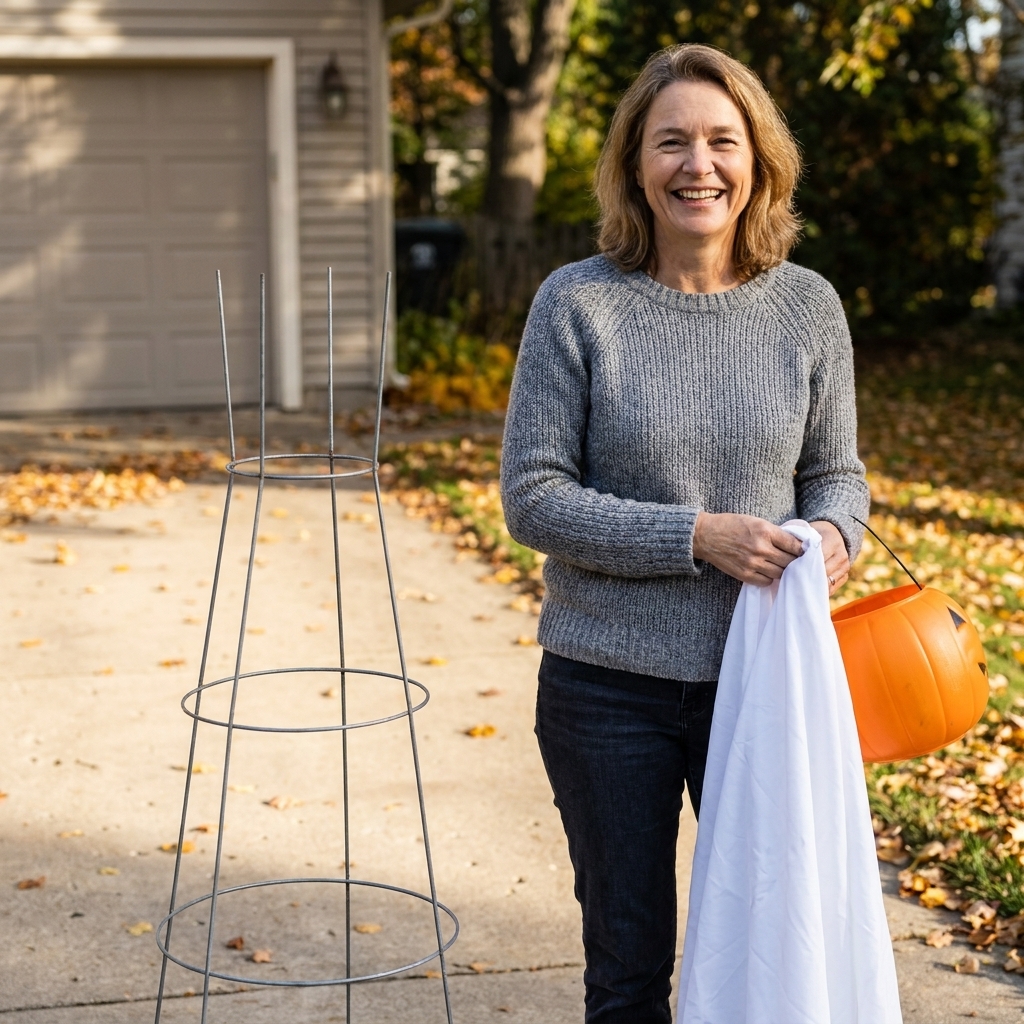 A metal tomato cage flipped upside down on a driveway with the narrow prongs pointing upward, ready to become the frame for a Halloween ghost