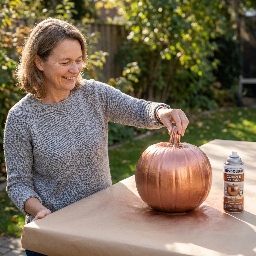 A metallic copper-painted pumpkin drying outdoors on a kraft-paper-covered surface with a can of spray paint nearby
