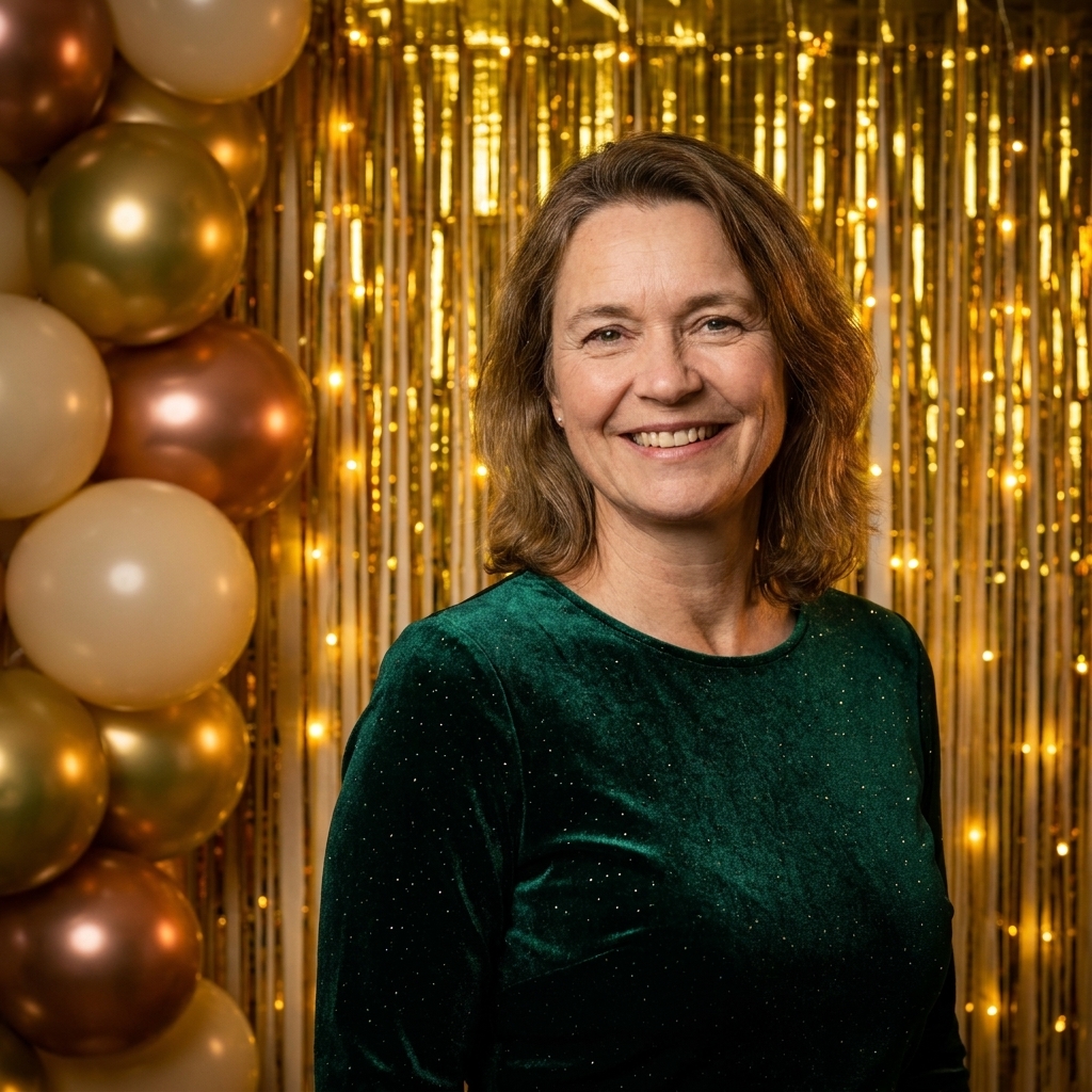 A metallic fringe curtain backdrop set up against a wall with warm twinkle lights behind it and a small balloon cluster to one side