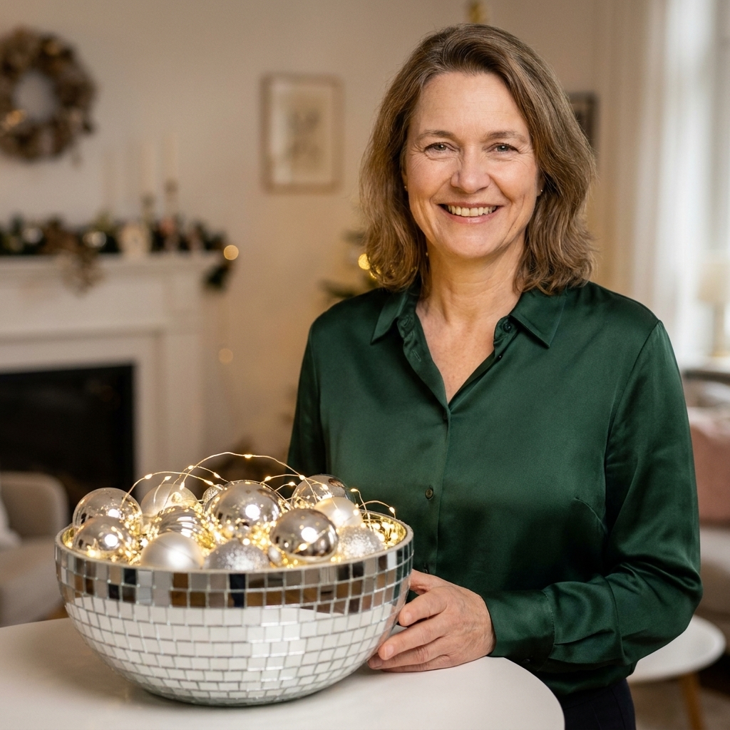 A mirrored tile bowl centerpiece on a table reflecting light, filled with silver ornaments and warm white fairy lights