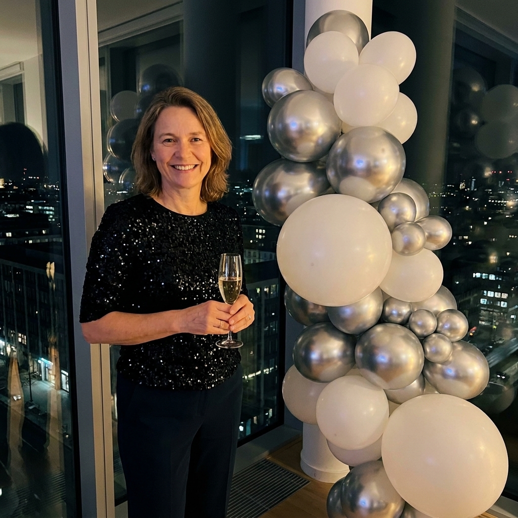 A modern New Year’s Eve party corner with chrome silver balloons and white balloons arranged in an asymmetrical garland near a window at night