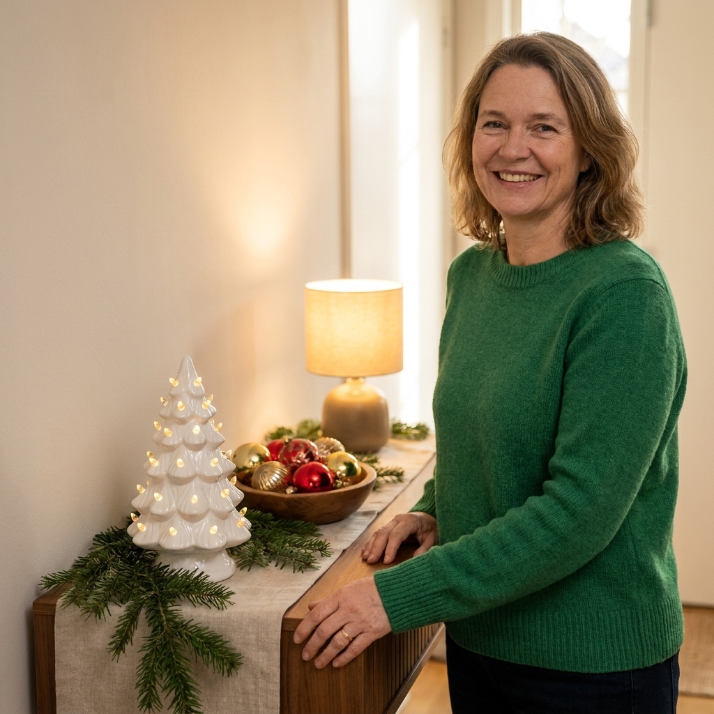 A narrow entryway console table styled with a ceramic tree, a small bowl of ornaments, a glowing table lamp, and a simple evergreen garland runner