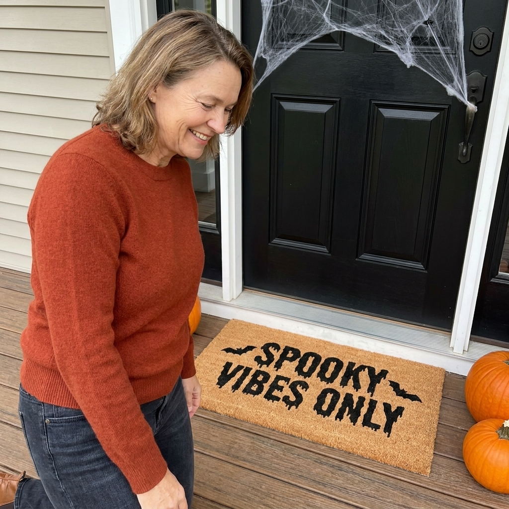 A natural coir doormat on a porch with bold black stenciled lettering in a Halloween theme near a black front door