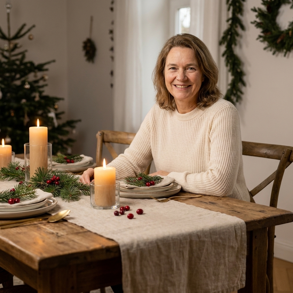 A natural linen table runner centered on a wooden dining table, styled with simple holiday place settings and soft candlelight