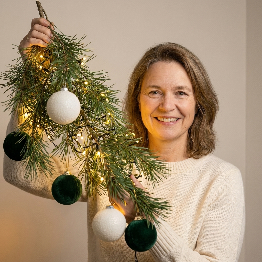 A neutral Christmas tree branch decorated with matte textured white ornaments and a few deep green velvet ornaments, lit with warm white fairy lights