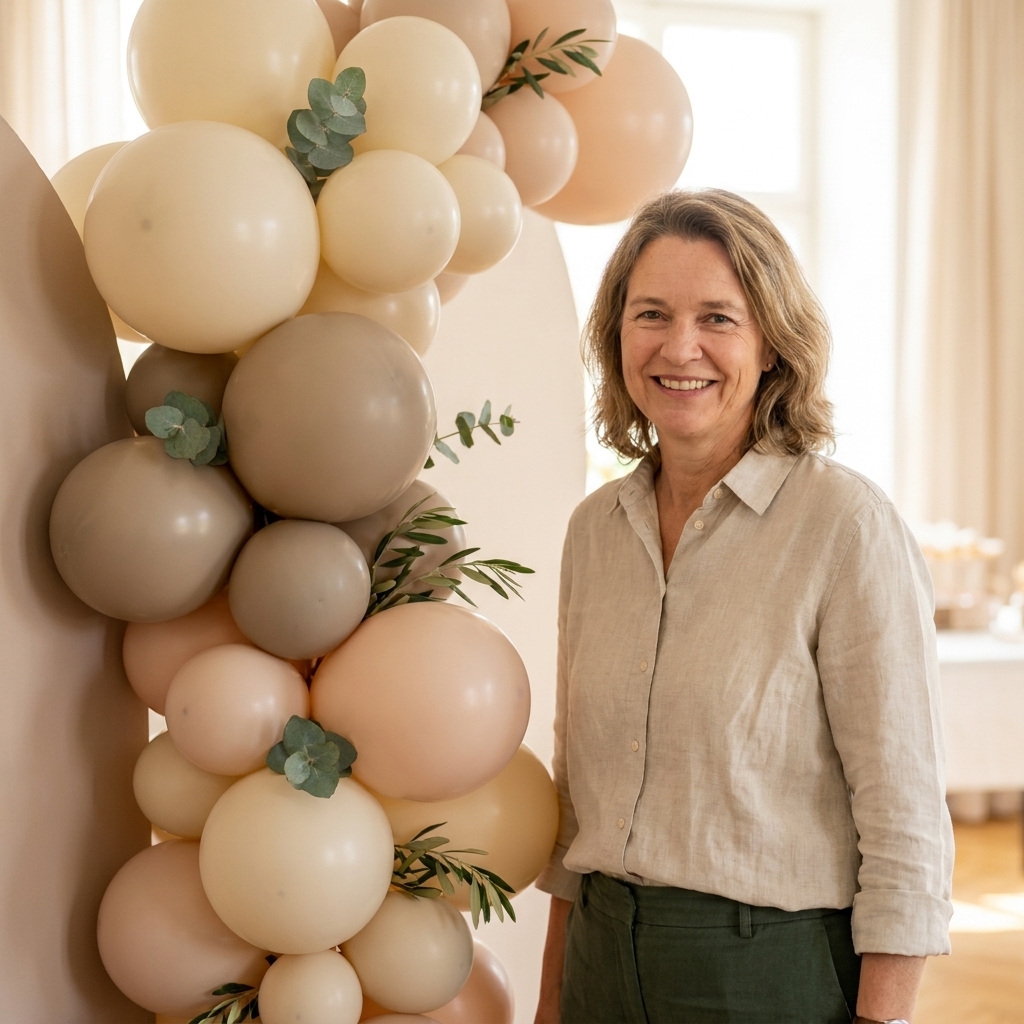 A neutral balloon garland with small sprigs of greenery tucked between balloons on a party backdrop stand