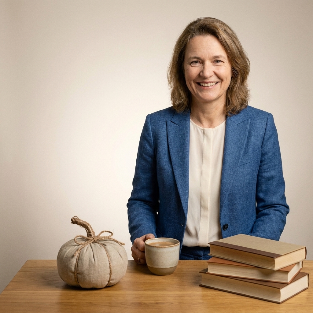 A neutral fabric-wrapped pumpkin with a twine-tied stem sitting on a wooden coffee table beside a mug and a small stack of books