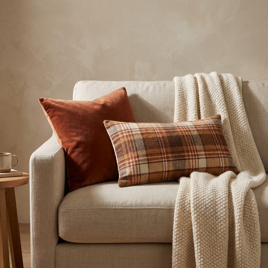 A neutral sofa corner styled with a rust velvet pillow cover, a plaid lumbar pillow, and a chunky knit throw draped casually