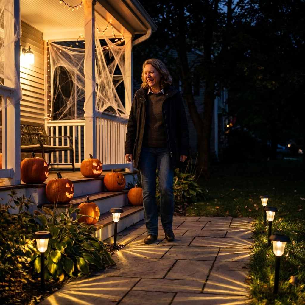 A nighttime front walkway lined with small LED pathway lights leading toward a porch decorated for Halloween, with the walking surface clearly illuminated