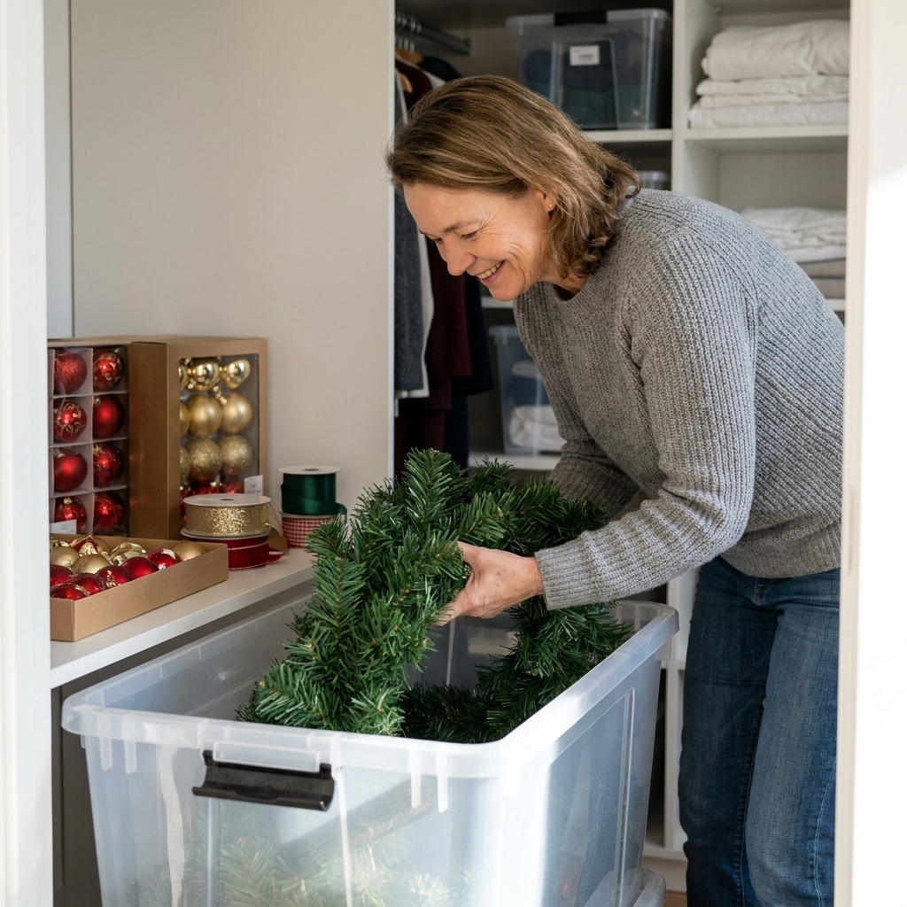 A person placing an artificial Christmas garland into a large clear plastic storage bin in a home closet, with ornaments and ribbon nearby
