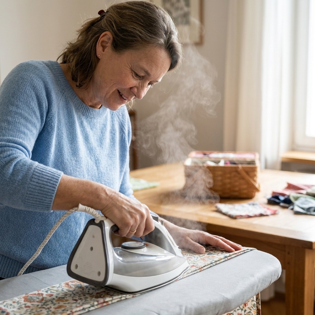 A person pressing the edge of a fabric table runner with an iron to create a crisp seam and flat finish