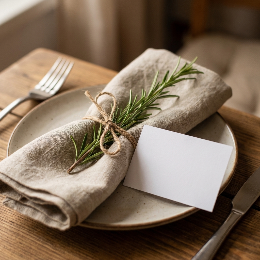 A place setting with a simple white place card, a linen napkin, and a sprig of fresh rosemary tucked under a napkin tie