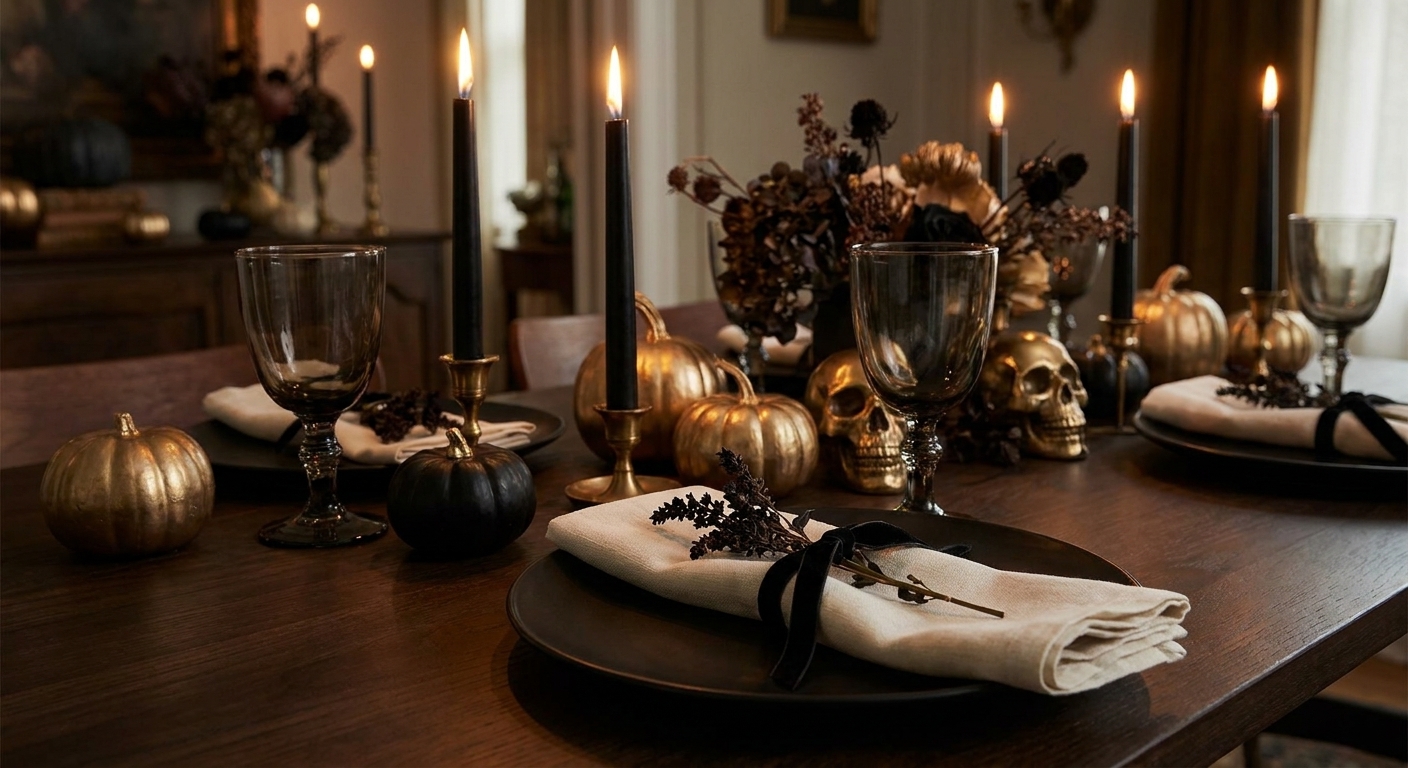 A place setting with smoked glass goblets, a black plate, and an ivory linen napkin tied with velvet ribbon
