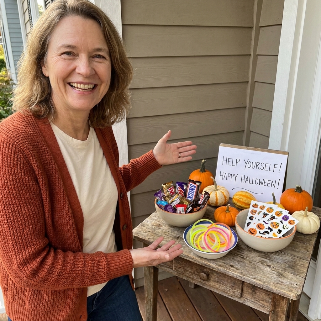 A porch candy station with three separate bowls for different treat types, including wrapped candy and small non-food items like glow bracelets and stickers, arranged with mini pumpkins