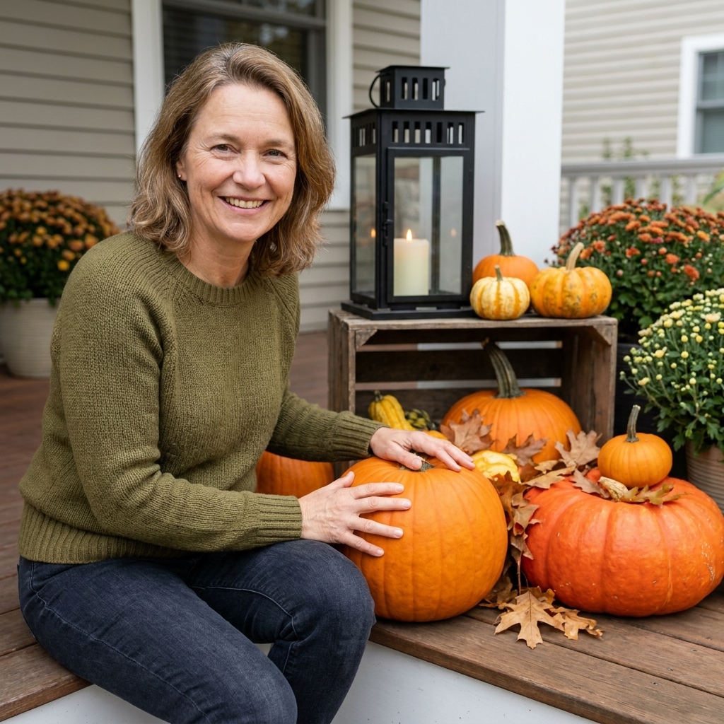 A porch corner styled with a tall lantern, a crate, and layered pumpkin clusters in varying sizes with a few leaves tucked between them