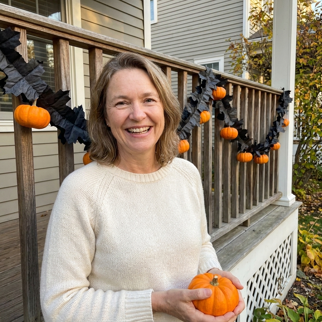 A porch railing decorated with a garland made from crinkled black leaf shapes, paired with small orange pumpkins