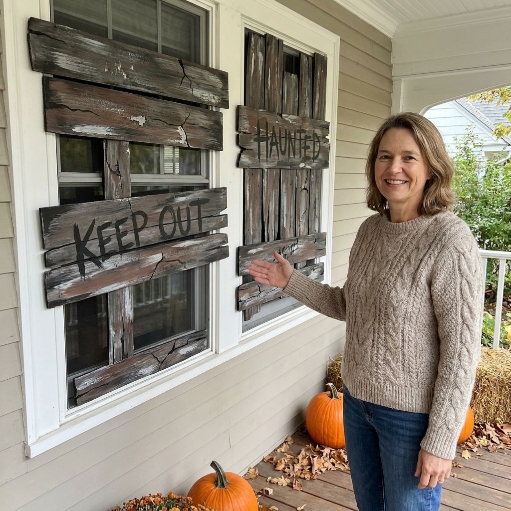 A porch window covered with faux wooden boards made from painted foam core, styled to look weathered and haunted